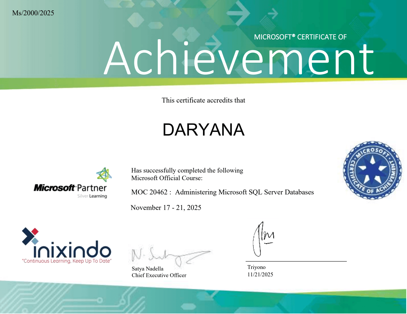 Database Training Certificate